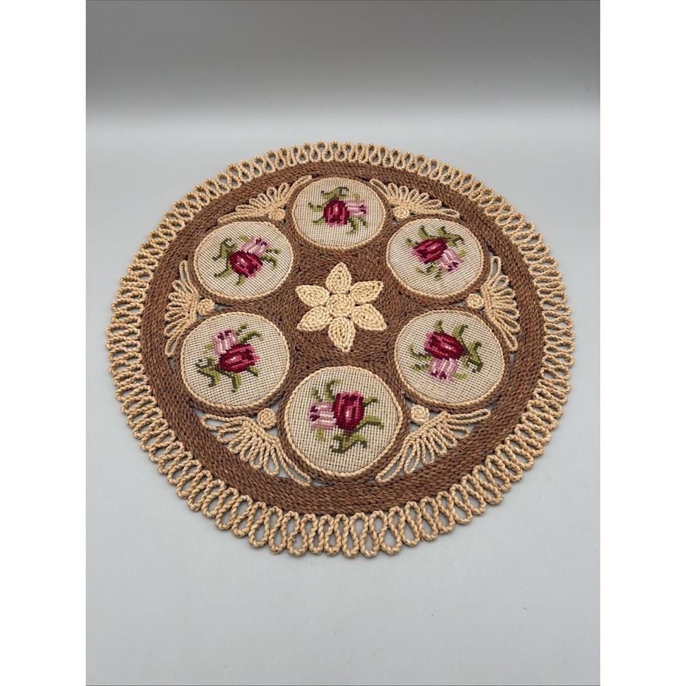 Vintage Rattan Wicker Round Table Placemat Centerpiece Needlepoint Floral 18"